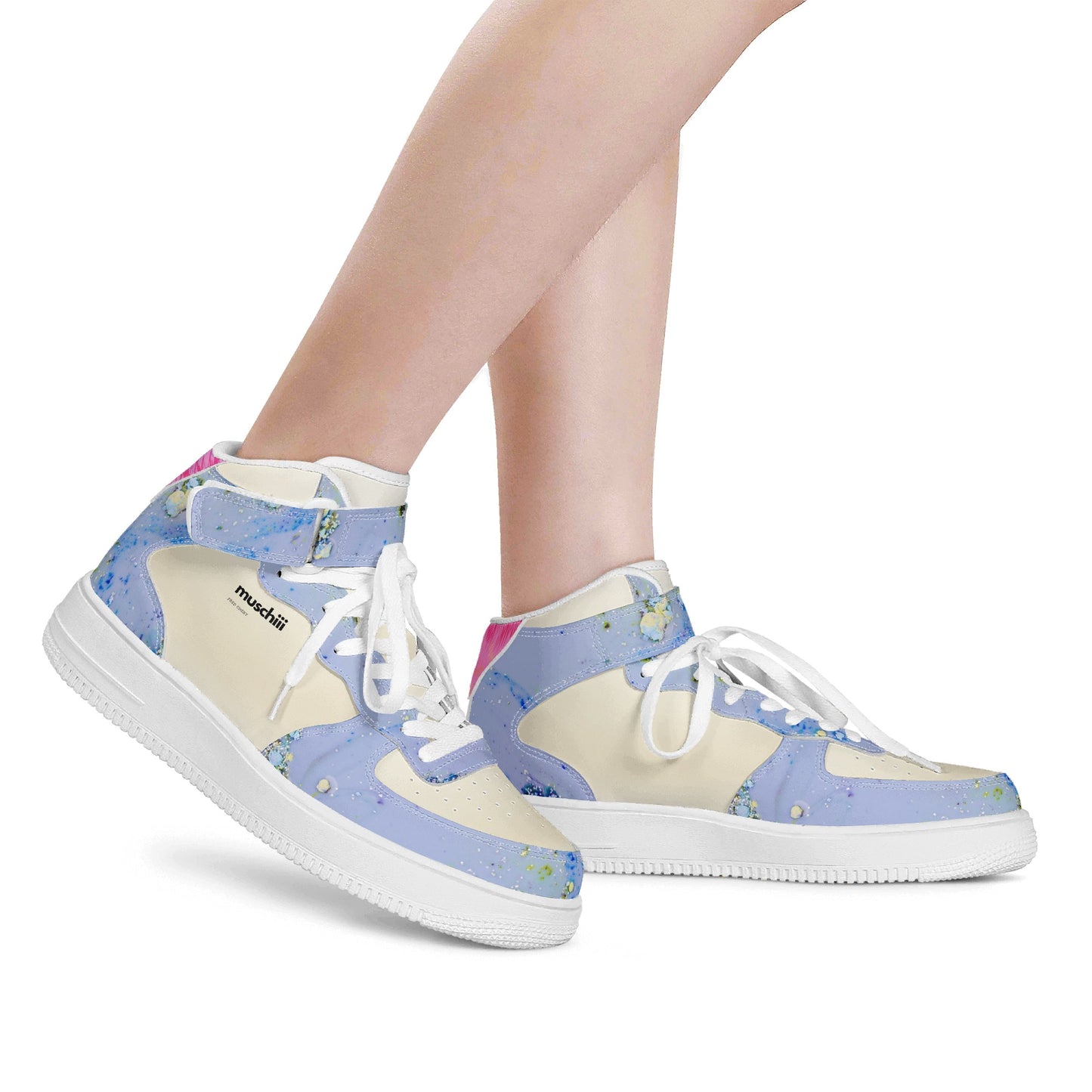 Elegant and Sporty Womens High Top Leather Sneakers: Comfort Blue Jeans & Gold | PU Material Protective Upper | Adaptable to Any Outfit |