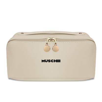 Premium Leather Cosmetic Bag with Ergonomic Handle for Travel and Large Storage