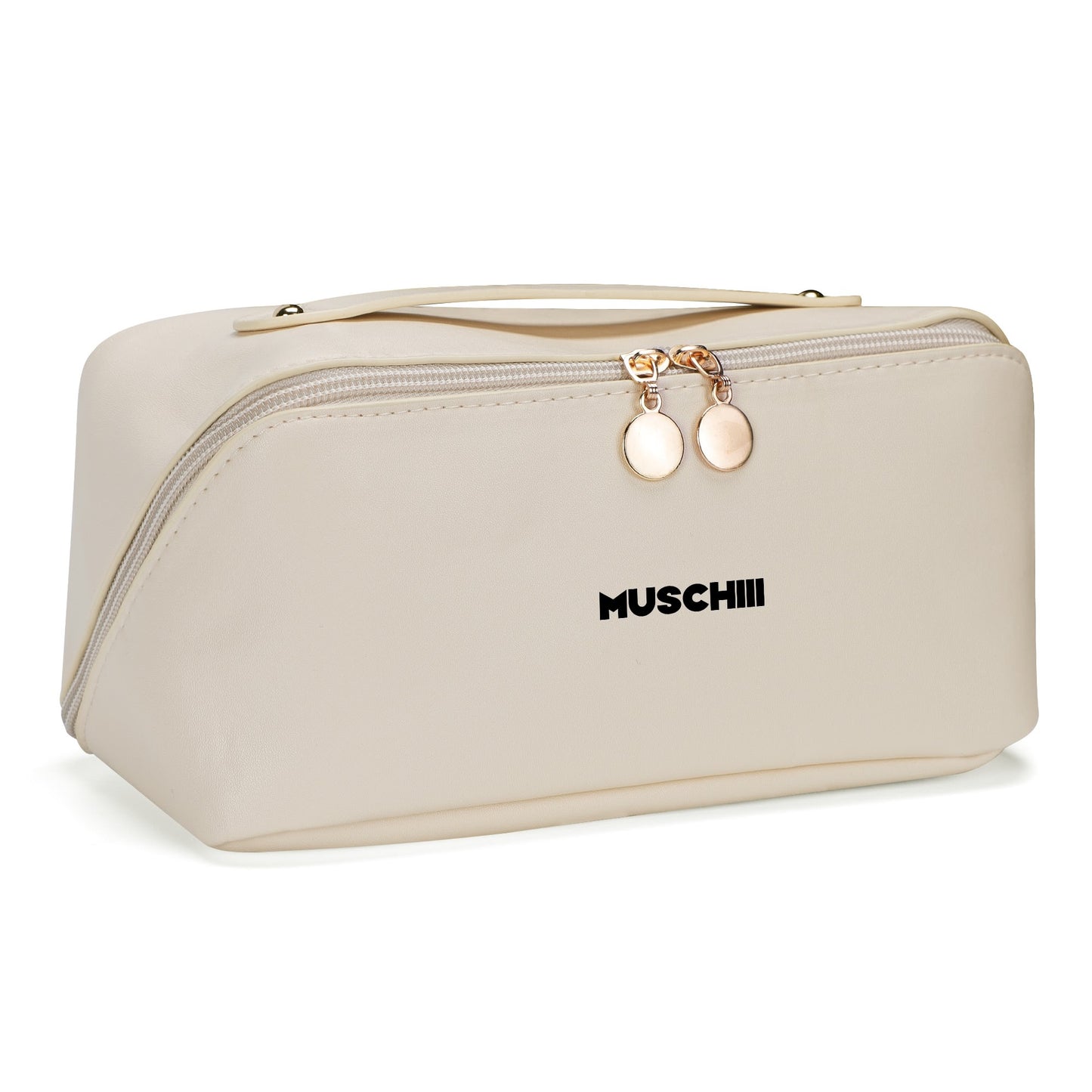 Premium Leather Cosmetic Bag with Ergonomic Handle for Travel and Large Storage