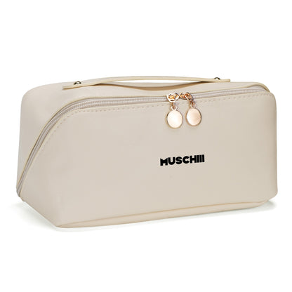 Premium Leather Cosmetic Bag with Ergonomic Handle for Travel and Large Storage